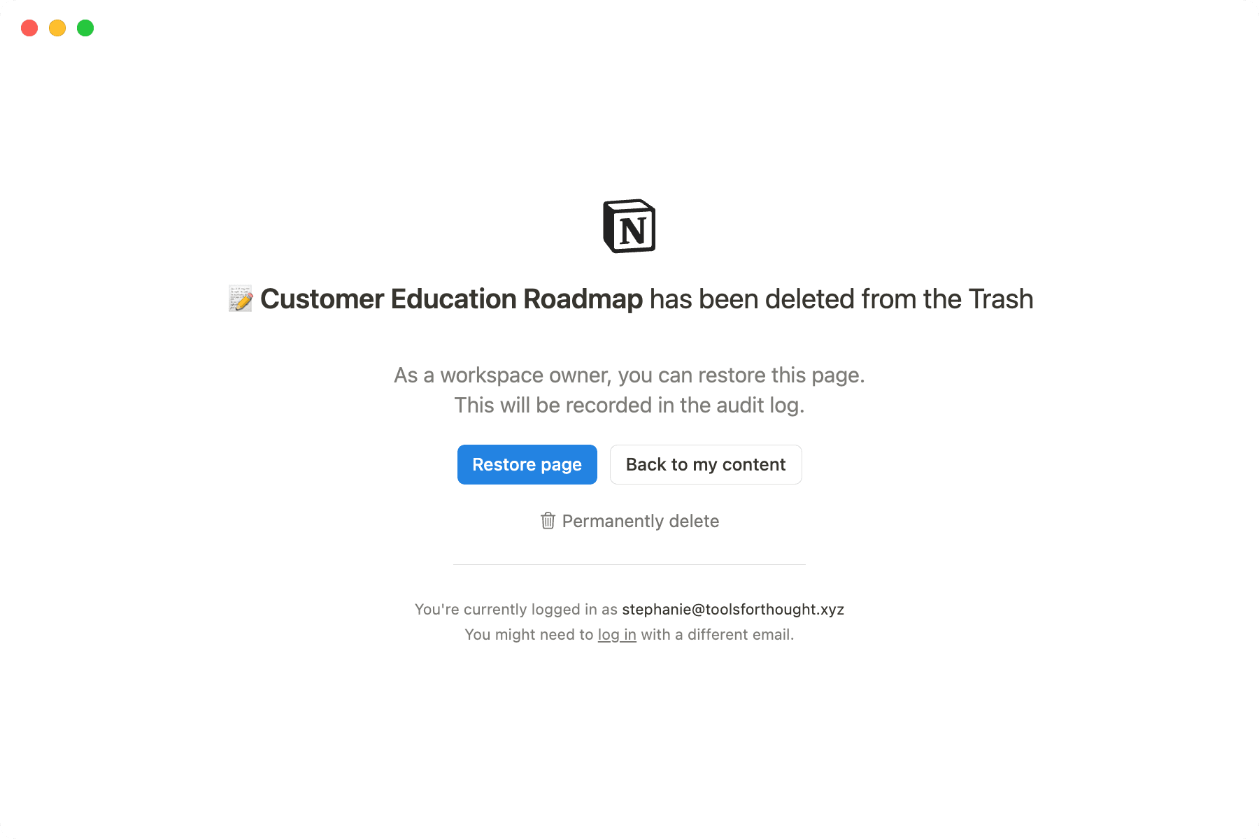 Select 'Restore page' to instantly recover deleted pages.